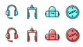 Set line Suitcase, Headphones with microphone, Metal detector in airport and Compass icon. Vector