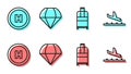 Set line Suitcase, Helicopter landing pad, Parachute and Plane landing icon. Vector