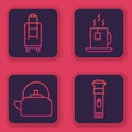 Set line Suitcase, Kettle with handle, Cup of tea with tea bag and Flashlight. Blue square button. Vector