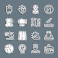 Set line Suitcase, Metal detector in airport, Plane takeoff, Location, Airship, Parachute, and World travel map icon