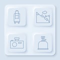 Set line Suitcase, Mountains, Photo camera and Camping gas stove. White square button. Vector Royalty Free Stock Photo