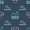 Set line Suitcase, Plane landing and Airport conveyor belt with suitcase on seamless pattern