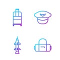 Set line Suitcase, Rocket, Suitcase and Pilot hat. Gradient color icons. Vector