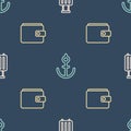 Set line Suitcase, Wallet and Anchor on seamless pattern. Vector