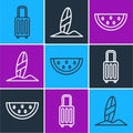 Set line Suitcase, Watermelon and Surfboard icon. Vector