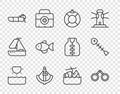 Set line Sun, Binoculars, Lifebuoy, Anchor, Inflatable boat with motor, Fish, Sinking cruise ship and Dead fish icon