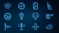 Set line Sun and cloud weather, Helicopter, Airplane window, Hot air balloon, Compass, Pilot hat, Parachute and icon Royalty Free Stock Photo