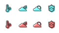 Set line Sun and cloud weather, Meteorology thermometer, Rainbow with clouds and Weather forecast icon. Vector