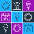 Set line Sun, Ice cream in waffle cone and Calendar and airplane icon. Vector Royalty Free Stock Photo
