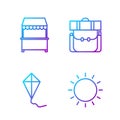 Set line Sun, Kite, Street stall with awning and Hiking backpack. Gradient color icons. Vector