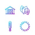 Set line Sun, Meteorology thermometer, Farm house and Leaf or leaves. Gradient color icons. Vector Royalty Free Stock Photo