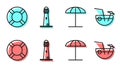 Set line Sun protective umbrella for beach, Lifebuoy, Lighthouse and Coconut cocktail icon. Vector
