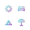 Set line Sun protective umbrella for beach, Tourist tent, and Big bed. Gradient color icons. Vector