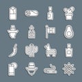 Set line Sun, Tequila bottle, Avocado fruit, Tabasco sauce, Mexican man sombrero, Burrito and Mexico flag icon. Vector