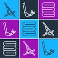 Set line Sunbed, Towel stack and Snorkel icon. Vector