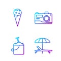 Set line Sunbed and umbrella, Sand in bucket with shovel, Ice cream in waffle cone and Photo camera. Gradient color