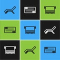 Set line Sunbed and umbrella, Towel on hanger and stack icon. Vector