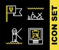 Set line Sunken ship, Wanted poster pirate, Lighthouse and Pirate flag with skull icon. Vector