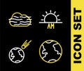 Set line Sunrise, Earth globe, Comet falling down fast and Fog and cloud icon. Vector