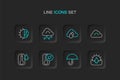 Set line Sunrise, Umbrella, Thermometer, Cloud, with rain, Hail cloud and Day night cycle icon. Vector