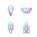 Set line Sunscreen spray bottle, Ice cream, Ice cream in waffle cone and Watermelon. Gradient color icons. Vector Royalty Free Stock Photo