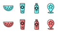 Set line Sunscreen spray bottle, Watermelon, Sunscreen cream in tube and Map pointer with star icon. Vector