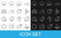 Set line Sunset, Cloud with rain and sun, Meteorology thermometer, moon, Rainbow, Storm and Time sleep icon. Vector