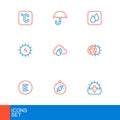 Set line Sunset, Compass, west, Eclipse of the sun, Solar energy panel, Cloud with rain, Water drop and Umbrella icon Royalty Free Stock Photo