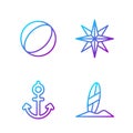 Set line Surfboard, Anchor, Beach ball and Wind rose. Gradient color icons. Vector