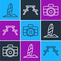 Set line Surfboard, Photo camera and Picnic table with benches icon. Vector