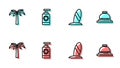 Set line Surfboard, Tropical palm tree, Sunscreen spray bottle and Hotel service bell icon. Vector