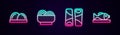Set line Sushi, Asian noodles in bowl, Guotie and Served fish on plate. Glowing neon icon. Vector