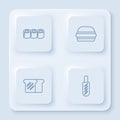 Set line Sushi, Burger, Bread toast and Hotdog sandwich. White square button. Vector Royalty Free Stock Photo
