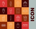 Set line Sushi, Chicken leg in package box, Croissant, Ice cream waffle cone, and Bag or packet potato chips icon Royalty Free Stock Photo