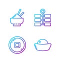 Set line Sushi, Chinese Yuan currency, Rice in a bowl with chopstick and Firework. Gradient color icons. Vector