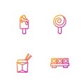 Set line Sushi on cutting board, Asian noodles and chopsticks, Ice cream and Lollipop. Gradient color icons. Vector Royalty Free Stock Photo
