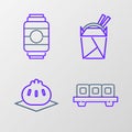 Set line Sushi on cutting board, Khinkali, Asian noodles paper box and chopsticks and Japanese lantern icon. Vector Royalty Free Stock Photo