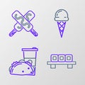 Set line Sushi on cutting board, Paper glass and taco with tortilla, Ice cream waffle cone and icon. Vector Royalty Free Stock Photo