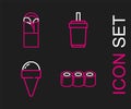Set line Sushi, Ice cream in waffle cone, Paper glass with straw and Doner kebab icon. Vector Royalty Free Stock Photo