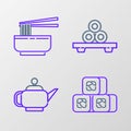 Set line Sushi, Japanese tea ceremony, cutting board and Asian noodles bowl and chopsticks icon. Vector Royalty Free Stock Photo