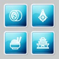 Set line Sushi, Korean lantern, Asian noodles in bowl and temple icon. Vector