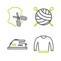 Set line Sweater, Electric iron, Yarn ball with knitting needles and Scissors and leather icon. Vector