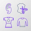 Set line Sweater, Woman dress, Scissors and leather and French curves icon. Vector Royalty Free Stock Photo