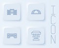 Set line Swedish wall, Monkey bar, Playground kids bridge and Attraction carousel. White square button. Vector Royalty Free Stock Photo