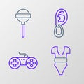 Set line Swimsuit, Gamepad, Ear with earring and Lollipop icon. Vector