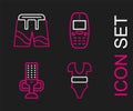 Set line Swimsuit, Microphone, Old mobile and Short or pants icon. Vector