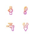 Set line Swimsuit, Ray gun, Wrist watch and Ear with earring. Gradient color icons. Vector