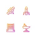 Set line Swing boat, Tic tac toe game, Hopscotch and Rocket ship. Gradient color icons. Vector