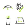 Set line Swing, Popcorn cardboard box, Classic dart and arrow and Jumping trampoline icon. Vector