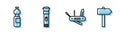 Set line Swiss army knife, Bottle of water, Flashlight and Road traffic signpost icon. Vector